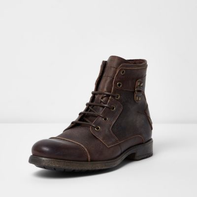 Dark brown leather military boots